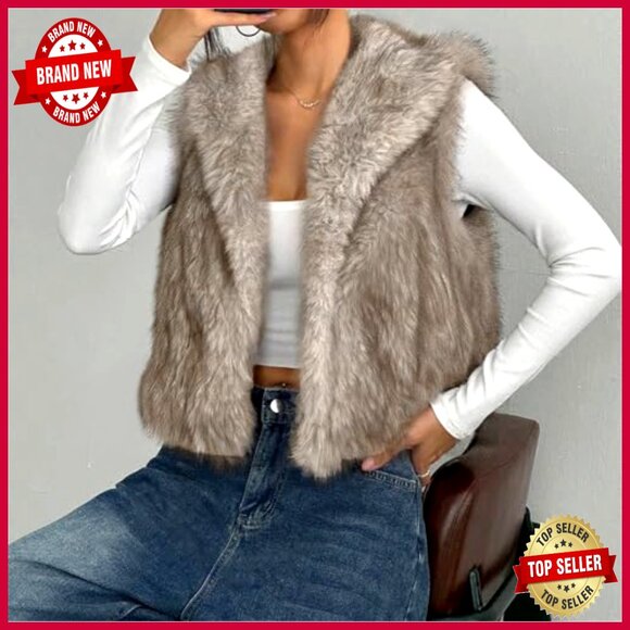 Faux Fur Vest Sleeveless Open Front Cardigan Slim Fit Winter Coat - Picture 3 of 5
